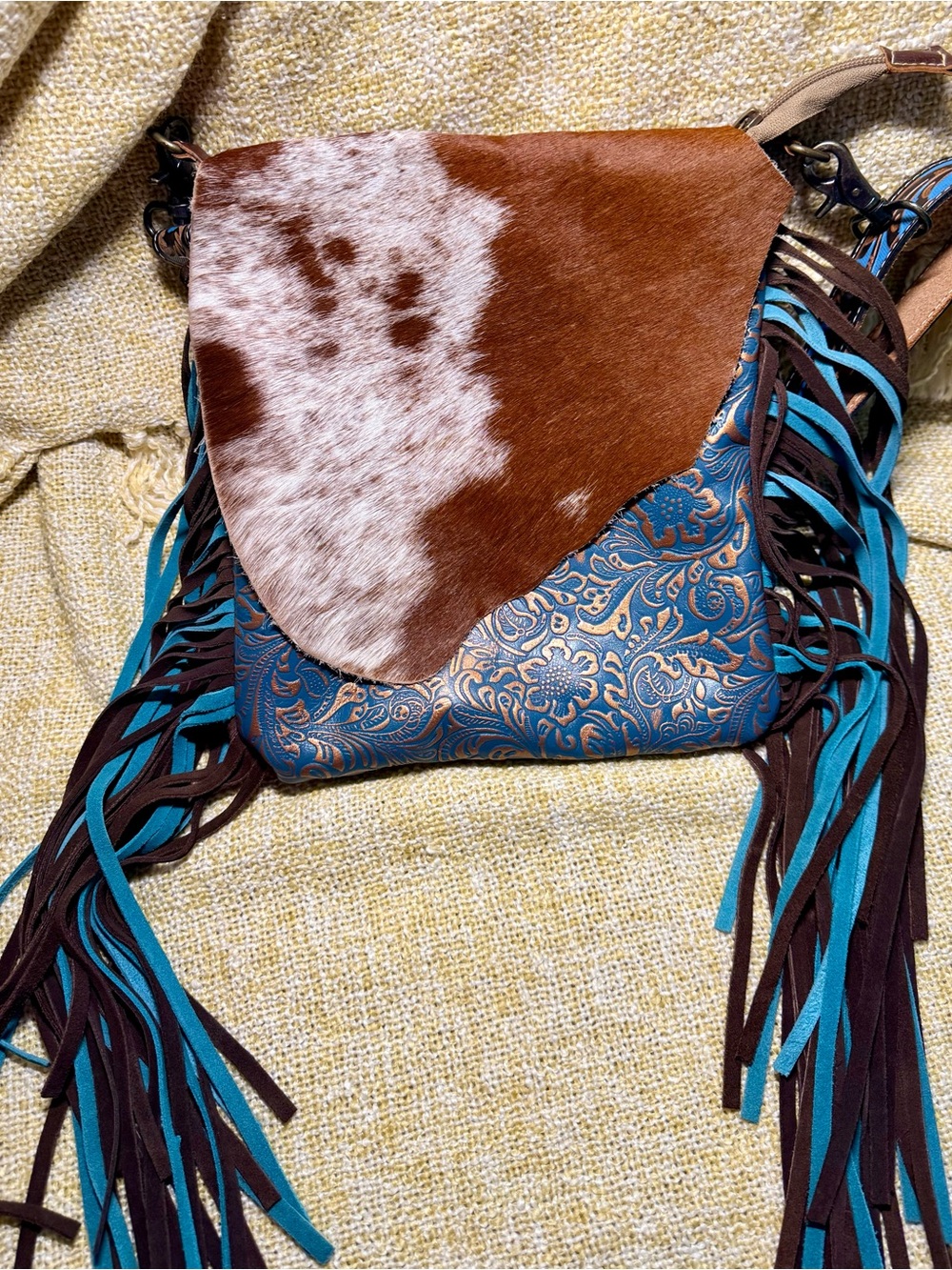 Myra Turquoise Tooled Leather & Hair-on Hide Fringe Crossbody Bag- 🔥 - Picture 1 of 5